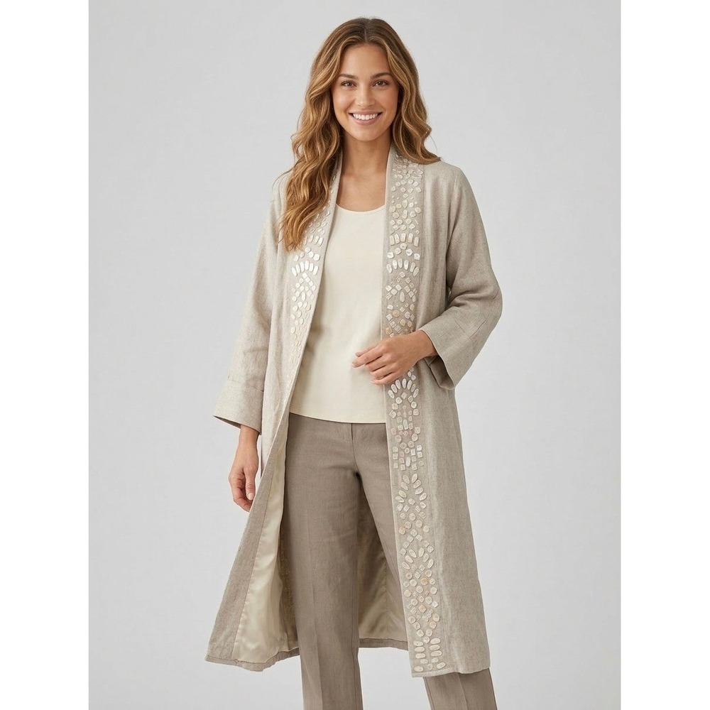Soft Surroundings Linen Blend Shell Embellished Jacket Kimono Oatmeal Beige L